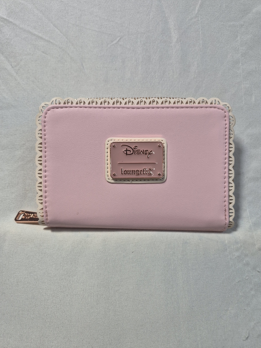 Loungefly pastel pink wallet with cream scalloped trim and rose gold plaque
